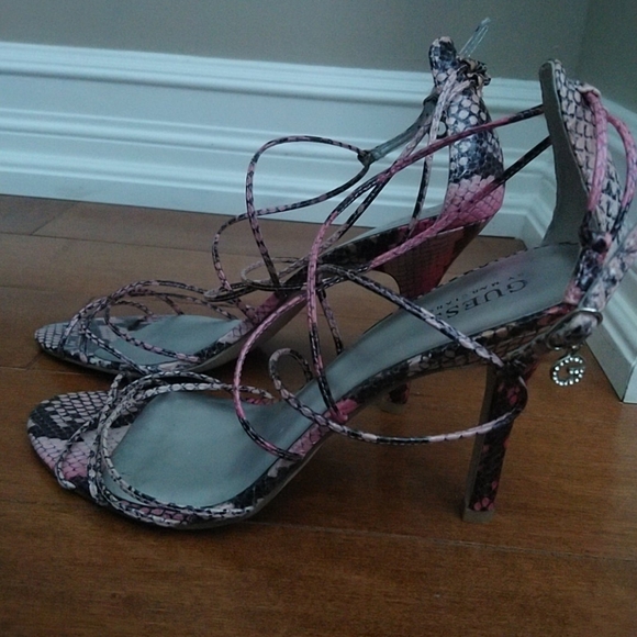 Guess Pink Snake Skin Strappy Heels - Picture 4 of 6